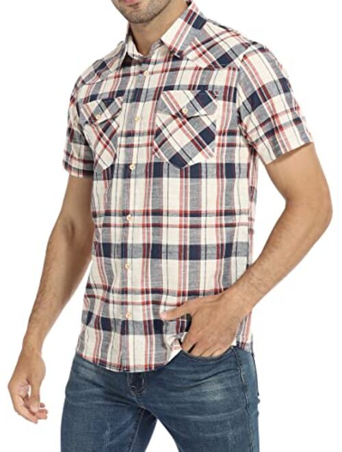 HAUSEIN Men's Western Cowboy Short Sleeve Button Down Plaid Shirts Pocket Casual Summer Jacket Shirt