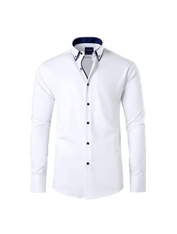 Gollnwe Men’s Bamboo Stretch Long Sleeve Button Down Dress Shirt with Contrast Double Collar and Convertible Cuffs