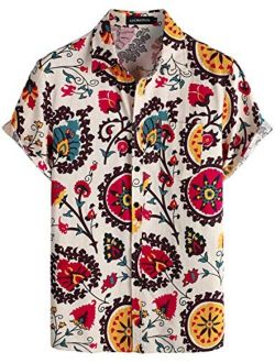 LucMatton Men's Linen Traditional Pattern Print Short Sleeve Button Down Hawaiian Shirts