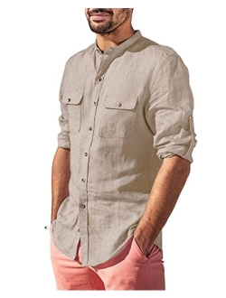 LVCBL Mens Casual Button Down Shirt Roll up Long Sleeve Regular Fit Cotton Linen Tops with Pockets