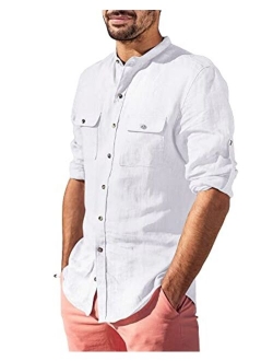 LVCBL Mens Casual Button Down Shirt Roll up Long Sleeve Regular Fit Cotton Linen Tops with Pockets