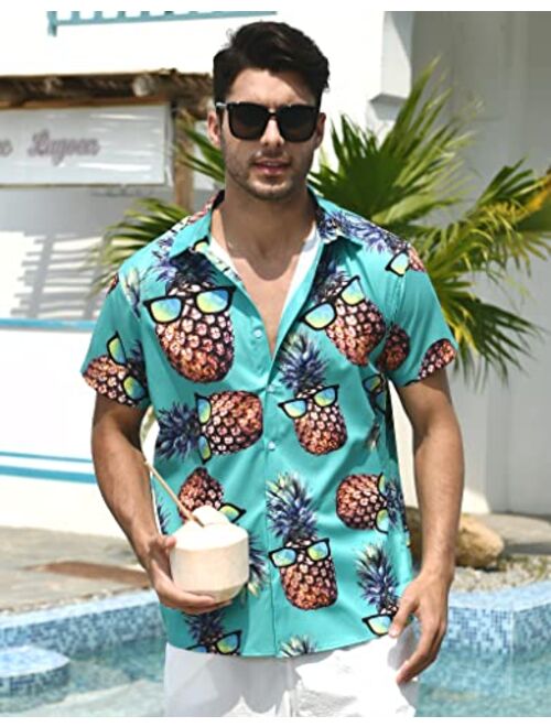 RAISEVERN Men's Button Down Shirts Slim-fit Short Sleeve Dress Shirt Casual Hawaiian Summer Aloha Beach Shirts for Holiday