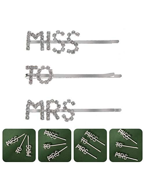 Minkissy 3pcs Words Letter Hair Pins Mrs to Miss Barrette Glitter Rhinestone Hair Clips for Women Ladies Girls