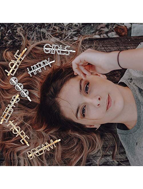 Geyoga 15 Pieces Words Letter Hair Pins Glitter Rhinestone Hair Clips Straight Letter Hair Pins Barrettes for Women Ladies Girls (Stylish Style)