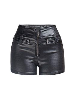 RAMISU Womens Casual Faux Leather Shorts High Waist Stretch Slim Hips Motorcycle Skinny Coated Shorts
