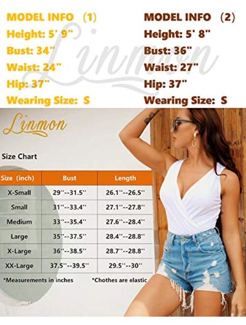 LINMON Women's Tank Top Bodysuit Surplice Ruched Plunge V Neck Sleeveless Stretchy Jumpsuit Leotards