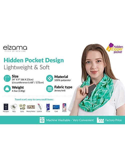 ELZAMA Infinity Loop Jersey Scarf with Hidden Zipper Pocket Printed Patterns for Women - Travel Wrap for Fall Winter