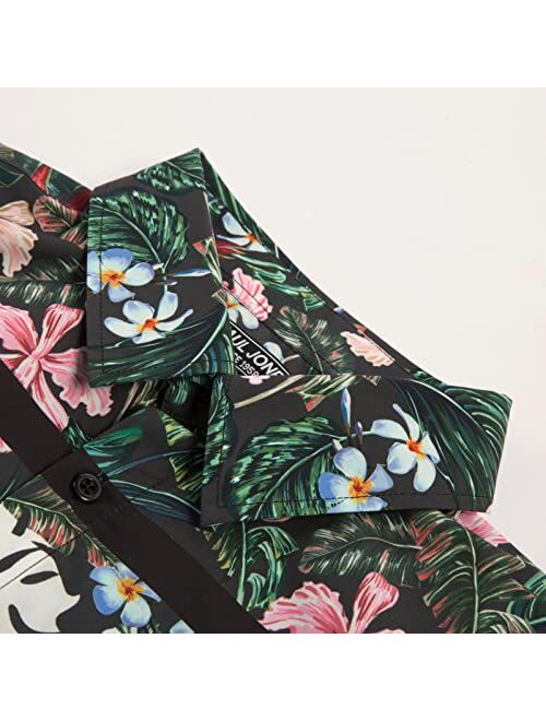 PJ PAUL JONES Mens Lapel Collar Floral Shirts Button Down Short Sleeve Printed Hawaii Shirts