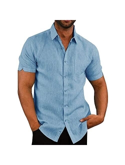 Evannitial Mens Linen Button Down Shirts Short Sleeve Cotton Casual Summer Beach Shirt Tops