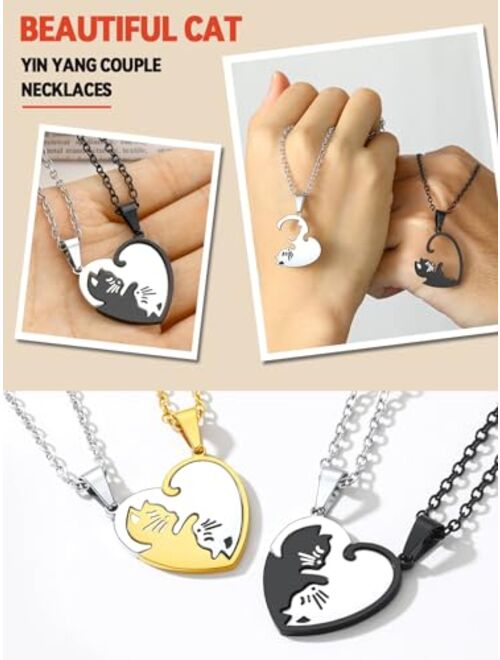 FaithHeart Puzzle Matching Necklace, Stainless Steel/18K Gold Plated Heart Cat/Yin Yang/Tree of Life BFF Pendant Jewelry for Women/Men with Delicate Packaging