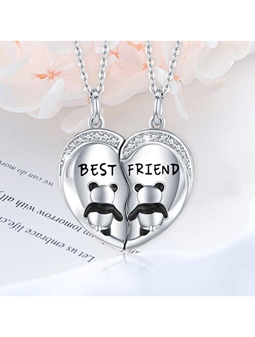 Waysles Best Friend Necklaces for 2 Panda Necklace,BFF Friendship Necklace for 2 pcs Heart Forever Cute Animal Necklace 925 Sterling Silver Jewelry For Teen Girls Women