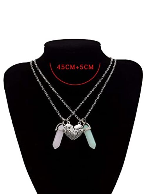 MIFYNN 2pcs Best Friends Crystal Necklace, Bullet Shape Gemstone Hexagonal Chakra Crystal Pendants Matching Heart Friendship Necklaces Set