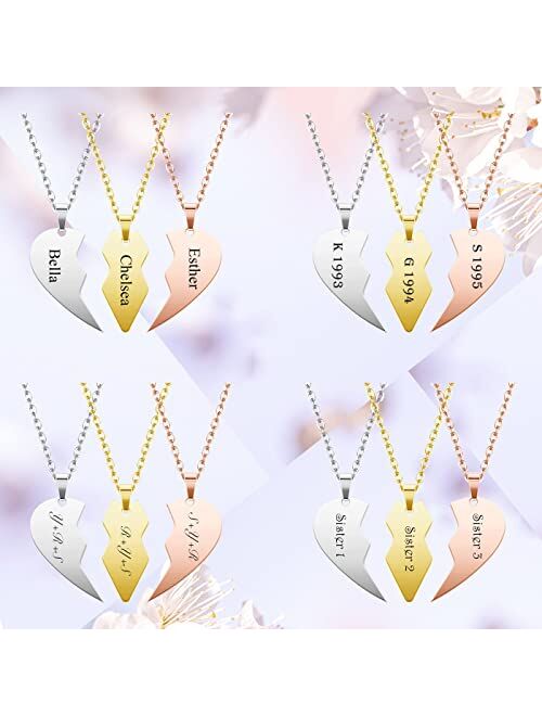 BOPREINA 3pcs Personalized Best Friends Forever BFF Necklace Stainless Steel Engraved Puzzle Heart Friendship Pendant Custom Name Matching Heart Necklaces Gift Set