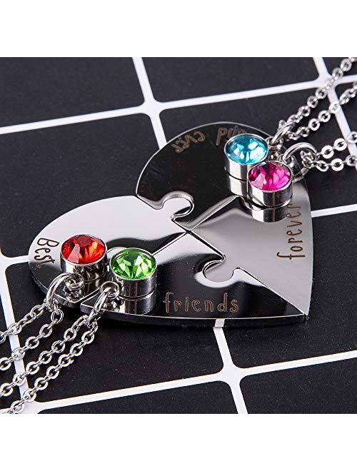 Fanery sue Personalized Matching Heart Puzzles Pieces Custom Name Birthstone Friendship Necklaces for Best Friends of 4
