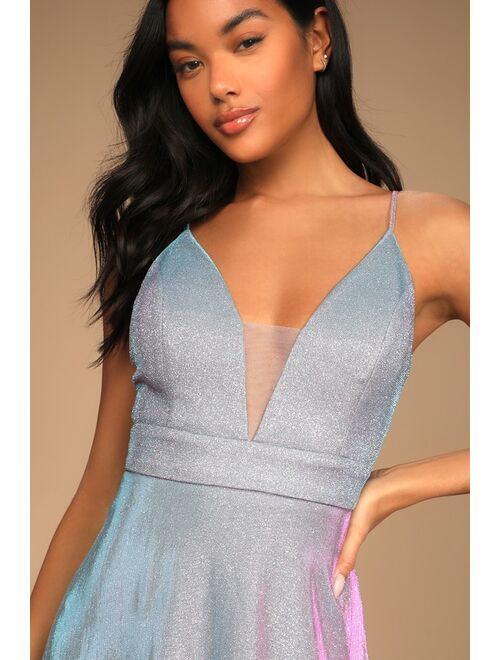 Lulus Party Night Shiny Light Blue Iridescent Maxi Dress