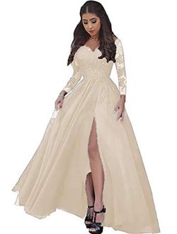 LastBridal Women Lace s Long Sleeves Prom Dress High Slit Evening Gowns Lb0076