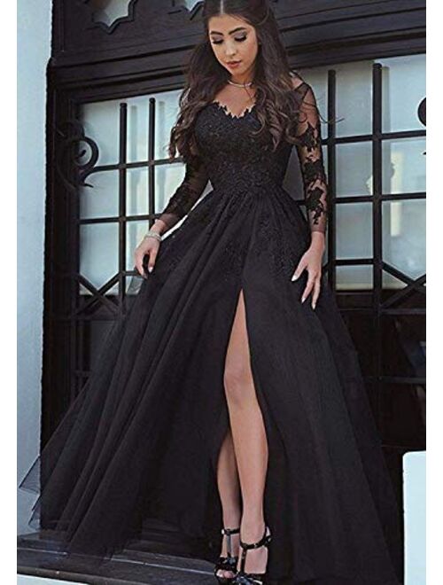 LastBridal Women Lace s Long Sleeves Prom Dress High Slit Evening Gowns Lb0076