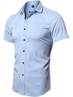 FLY HAWK Mens Dress Shirts, Fitted Bamboo Fiber Short Sleeve Elastic Casual Button Down Shirts