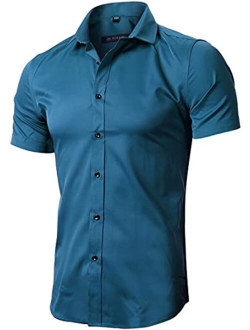 FLY HAWK Mens Dress Shirts, Fitted Bamboo Fiber Short Sleeve Elastic Casual Button Down Shirts