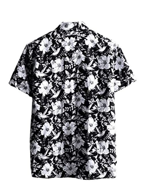 Romwe Men's Short Sleeve Hawaiian Shirt Tropical Print Casual Button Down Aloha Shirt