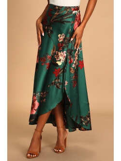 Superbly Stunning Sage Green Floral Print Satin Maxi Skirt