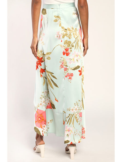 Lulus Superbly Stunning Sage Green Floral Print Satin Maxi Skirt
