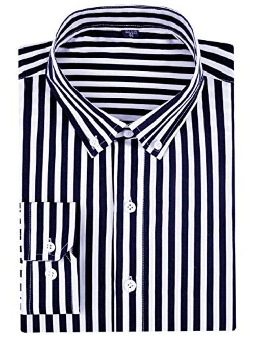 DOKKIA Men's Casual Business Long Sleeve Vertical Striped Slim Fit Dress Shirts