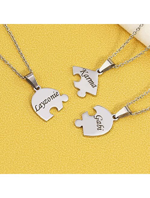 Apeso Personalized Sterling Silver Necklace 2/3/4/5/6/7/8 Pcs BFF Puzzle Name Heart Pendants Family Love Jewelry Free Engrave Friendship Forever Necklaces Set with Delica