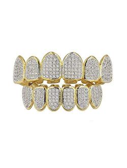 canjoyn 18K Gold Plated All Iced Out Luxury Cubic Zirconia Face Diamond Gold Teeth Grillz Set with Molding Bars Included for Men Women