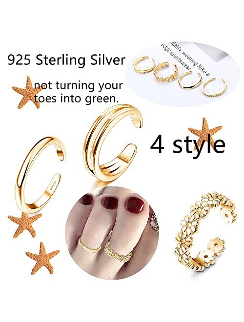 Adramata 4 Pcs 925 Sterling Silver Toe Rings for Women Open Adjustable Band Rings Jewelry Set
