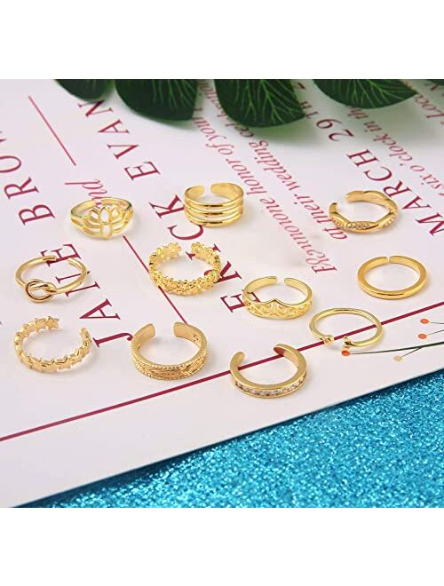 Honsny 12PCS Toe Rings for Women,14K Gold Adjustable Cubic Zirconia Twist Band Open Toe Ring Set,Beach Boho Foot Jewelry