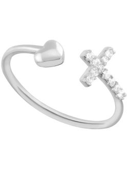 Crystal Cross & Heart Open Toe Ring in Silver-Plate