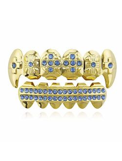 OOCC 18K Gold Plated Hip Hop Grillz CZ Top and Bottom Grills for Your Teeth with Red Diamond