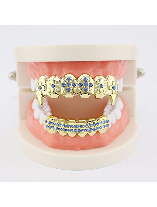 OOCC 18K Gold Plated Hip Hop Grillz CZ Top and Bottom Grills for Your Teeth with Red Diamond