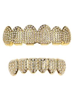 Best Grillz 14k Gold Plated Grillz Set Iced Bling Micro Pave Top and Bottom Teeth Hip Hop Mouth Grills