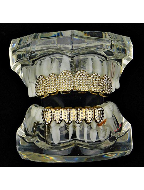 Best Grillz 14k Gold Plated Grillz Set Iced Bling Micro Pave Top and Bottom Teeth Hip Hop Mouth Grills