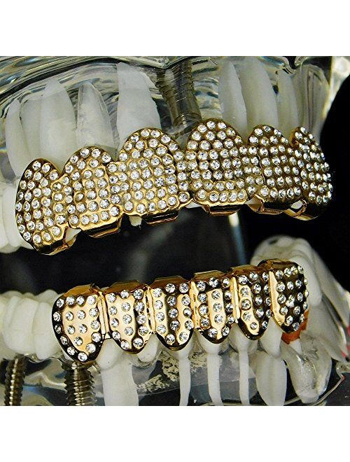 Best Grillz 14k Gold Plated Grillz Set Iced Bling Micro Pave Top and Bottom Teeth Hip Hop Mouth Grills