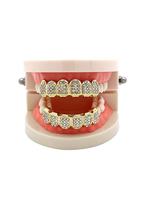 OOCC 18k Gold 6 Teeth Grillz Hip Hop Joker Diamond Top & Bottom Teeth Caps Grillz Set