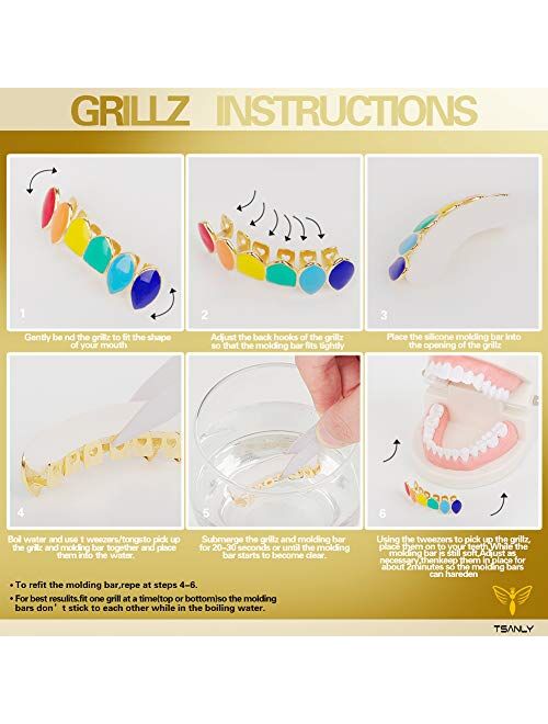 TSANLY 69 Gold Grillz Rainbow Style Like Tekashi69 Set 24K Plated Gold Teeth Grillz for Men + Storage Case + Microfiber Cloth