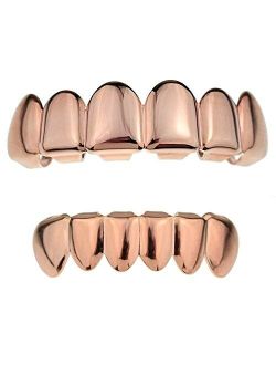 Best Grillz 14k Rose Gold Plated Grillz Set Teeth Plain Hip Hop Mouth Six Tooth Top & Bottom Row Grills
