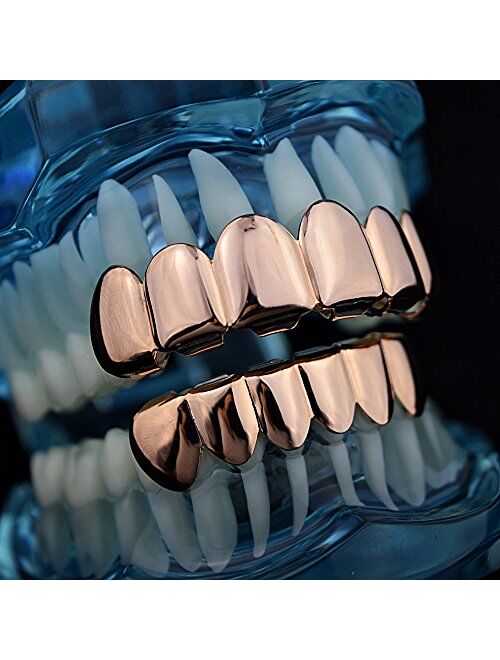 Best Grillz 14k Rose Gold Plated Grillz Set Teeth Plain Hip Hop Mouth Six Tooth Top & Bottom Row Grills
