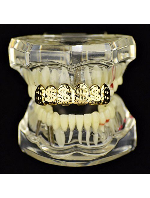 Best Grillz 14k Gold Plated Grillz Dollar Signs $ Cash Money Upper Mouth Grill Top Hip Hop Teeth Grills