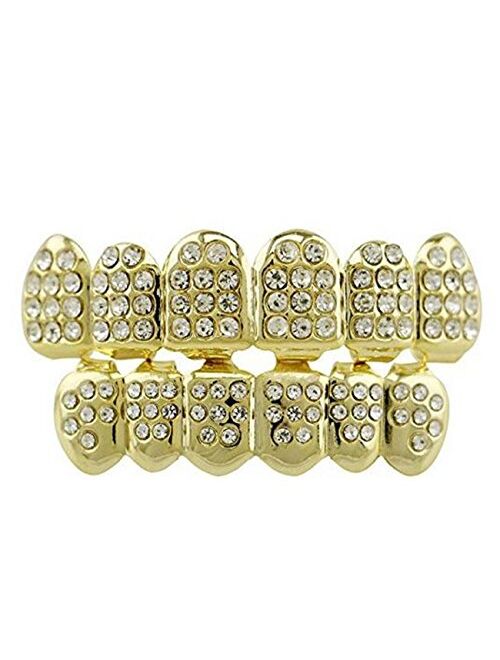 mainlead 14k Gold Plated Grills with Diamond Hip Hop Teeth Top and Bottom Set