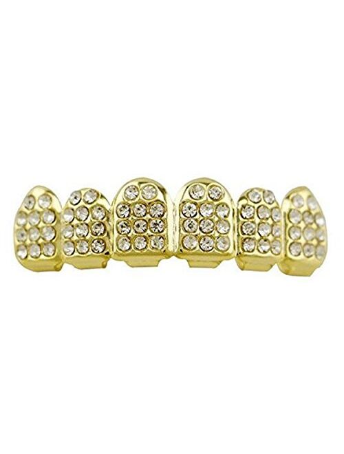 mainlead 14k Gold Plated Grills with Diamond Hip Hop Teeth Top and Bottom Set