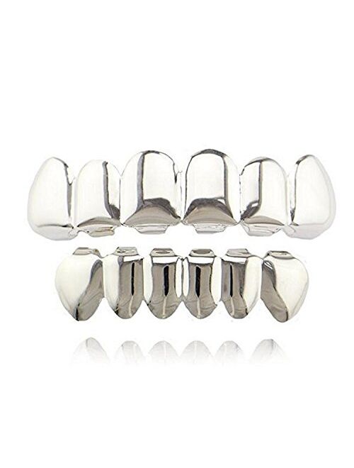 mainlead Universal Fit Silver Plated Hip Hop Teeth Grills Caps 6 Top & Bottom Grills Set