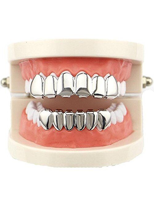 mainlead Universal Fit Silver Plated Hip Hop Teeth Grills Caps 6 Top & Bottom Grills Set