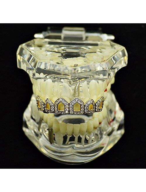 Best Grillz Bling Grillz CZ 14k Gold Plated Top Teeth Six 6 Open Face Cubic Zirconia Iced Hip Hop Grills