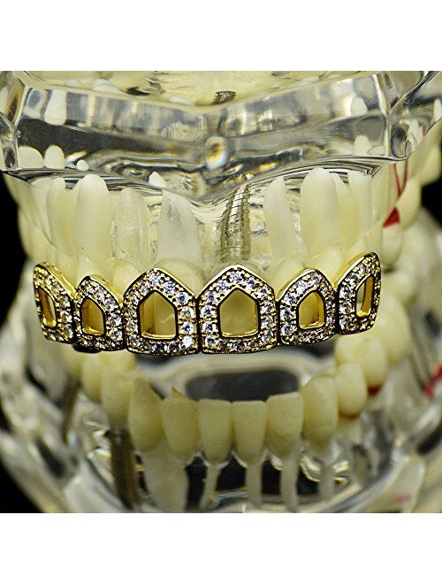 Best Grillz Bling Grillz CZ 14k Gold Plated Top Teeth Six 6 Open Face Cubic Zirconia Iced Hip Hop Grills
