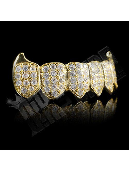 NIV'S BLING - 18k Yellow Gold-Plated Cubic Zirconia Cluster Fanged Grillz (Top/Bottom/Set)