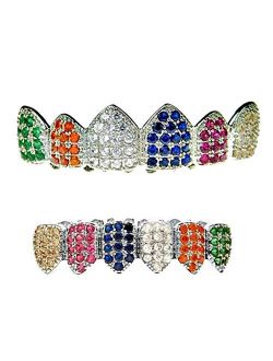 Best Grillz Grillz Set Multi-Color Silver Tone Top & Bottom CZ Bling Rainbow Clown Color Cubic Zirconia Hip Hop Grills